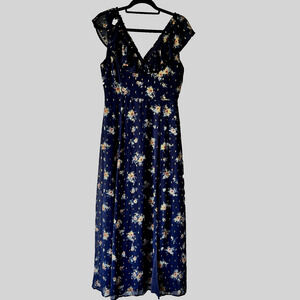 MiAmi Maxi Dress Blue Floral Sheer Lined Double V Ruffle Cottagecore Dainty SZ S